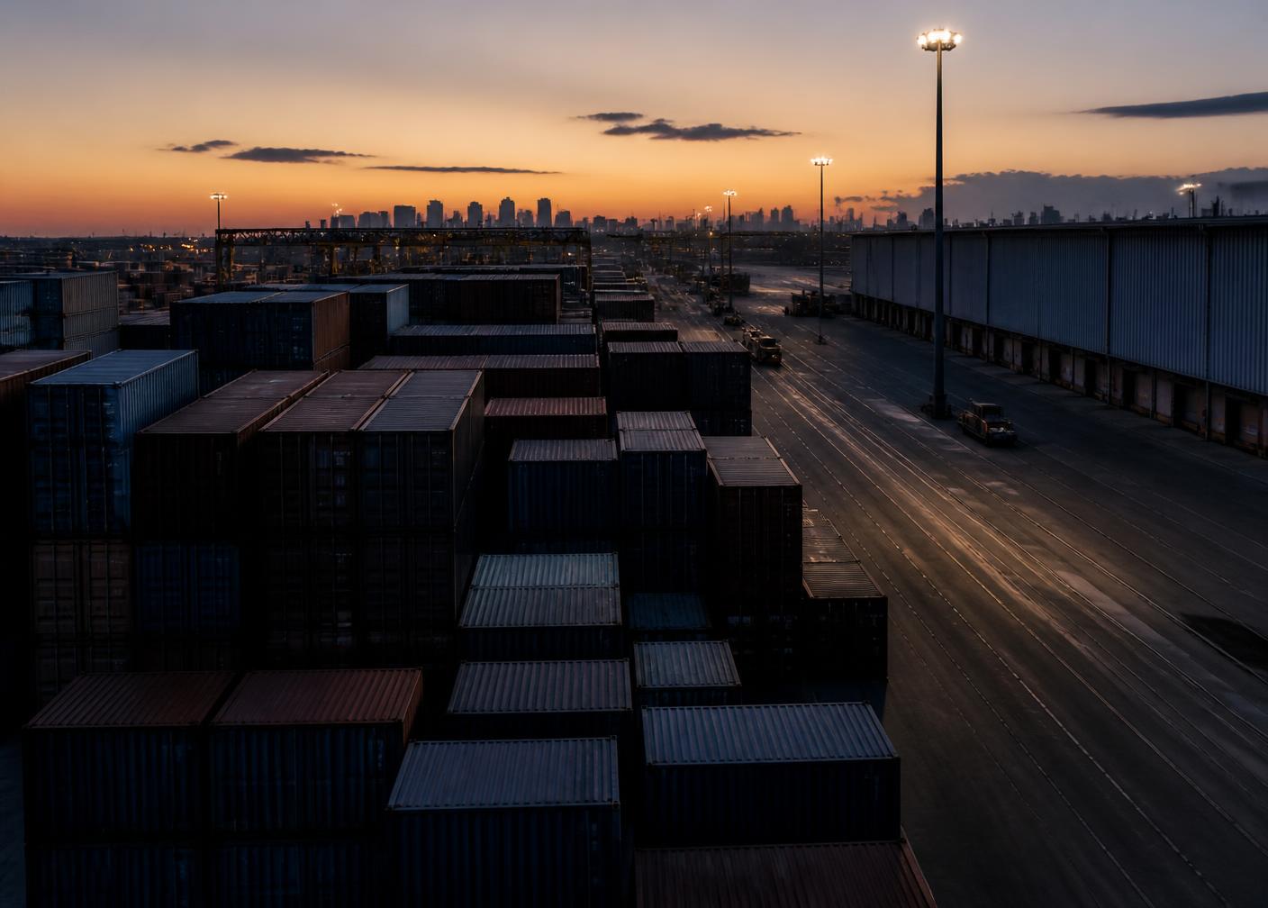 Container terminal and distribution facility at dusk