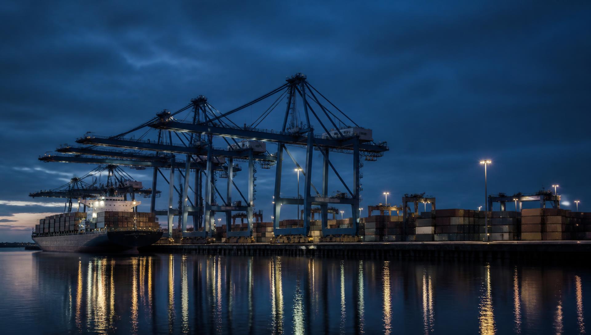 Container vessel berthed at a commercial port with gantry cranes at dusk